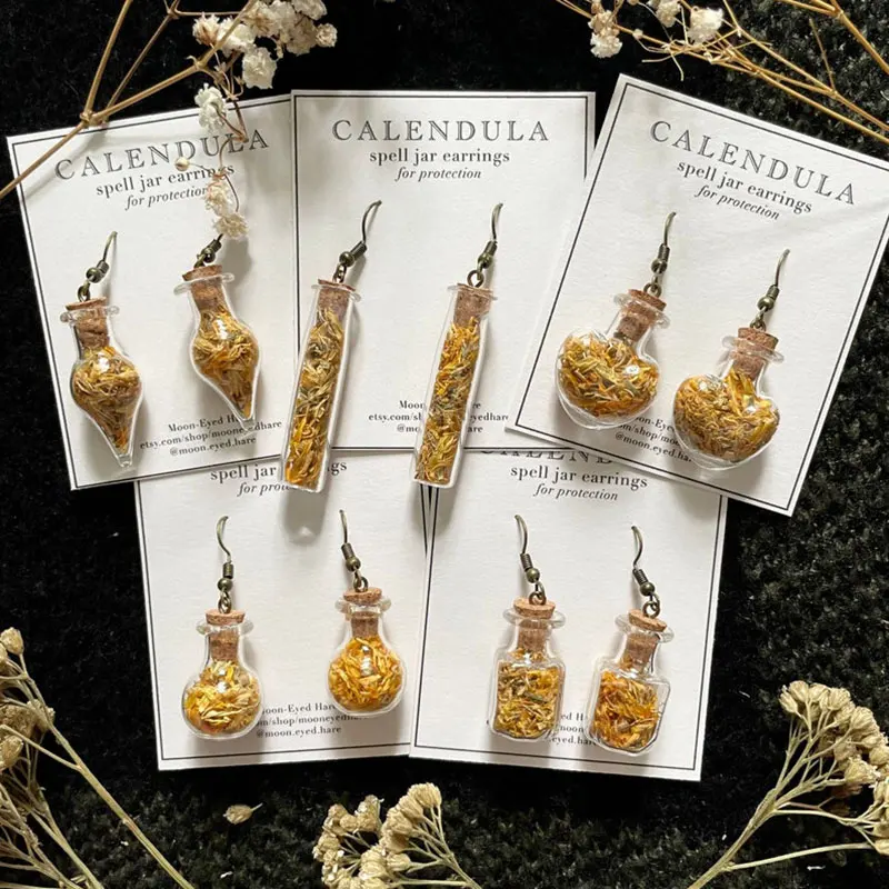 Genuine Calendula Spell Jar Earrings Mini Spell Jar Earrings