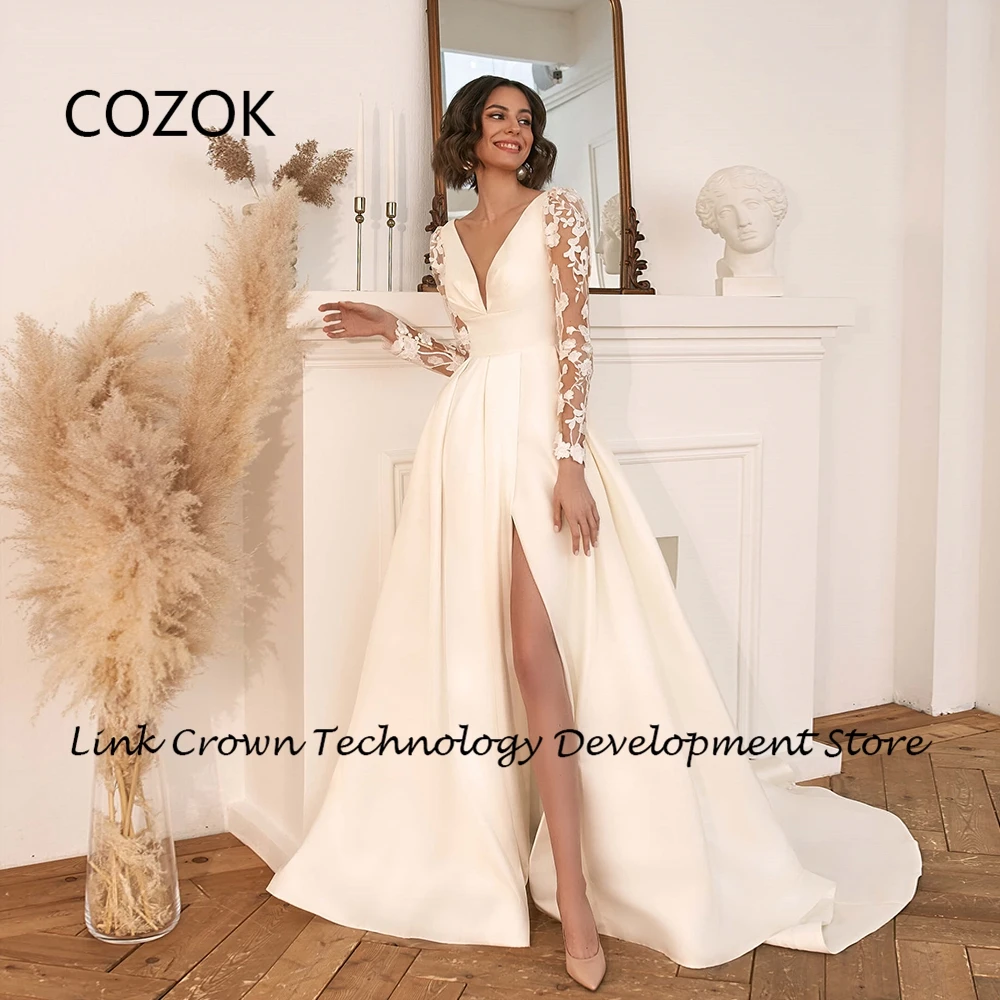 

COZOK Sexy Side Slit Wedding Dresses for Women Full Sleeve Bridal Gowns with Lace Satin Vestidos De Novia 2024 Summer Lace