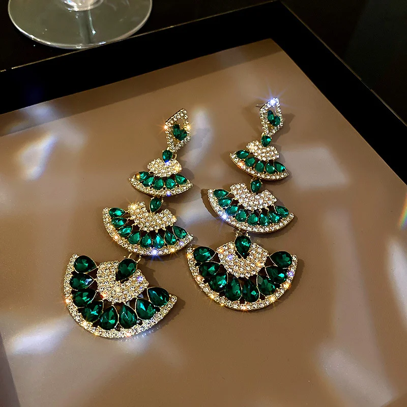 Vintage Green Crystal Drop Earrings for Women Oversize Long Sector Geometric Dangle Earrings Statement Jewelry FYUAN drop earrings dangle earrings crystal earrings long earrings geometric earrings