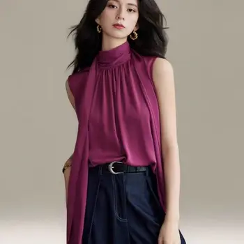 Silky Texture Ribbon Around The Neck Stand Collar Sleeveless Shirts Women Blouse Elegant Office Lady Roupas Chemise Summer 2025