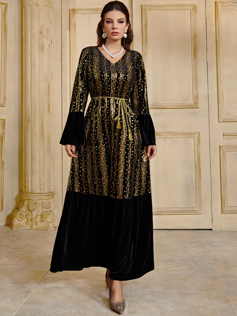 

Turkey Winter Muslim Velvet Dress Dubai Abaya Women Bronzing Embroidery Moroccan Kaftan Vestidos Maxi Long Dress Party Vestidos