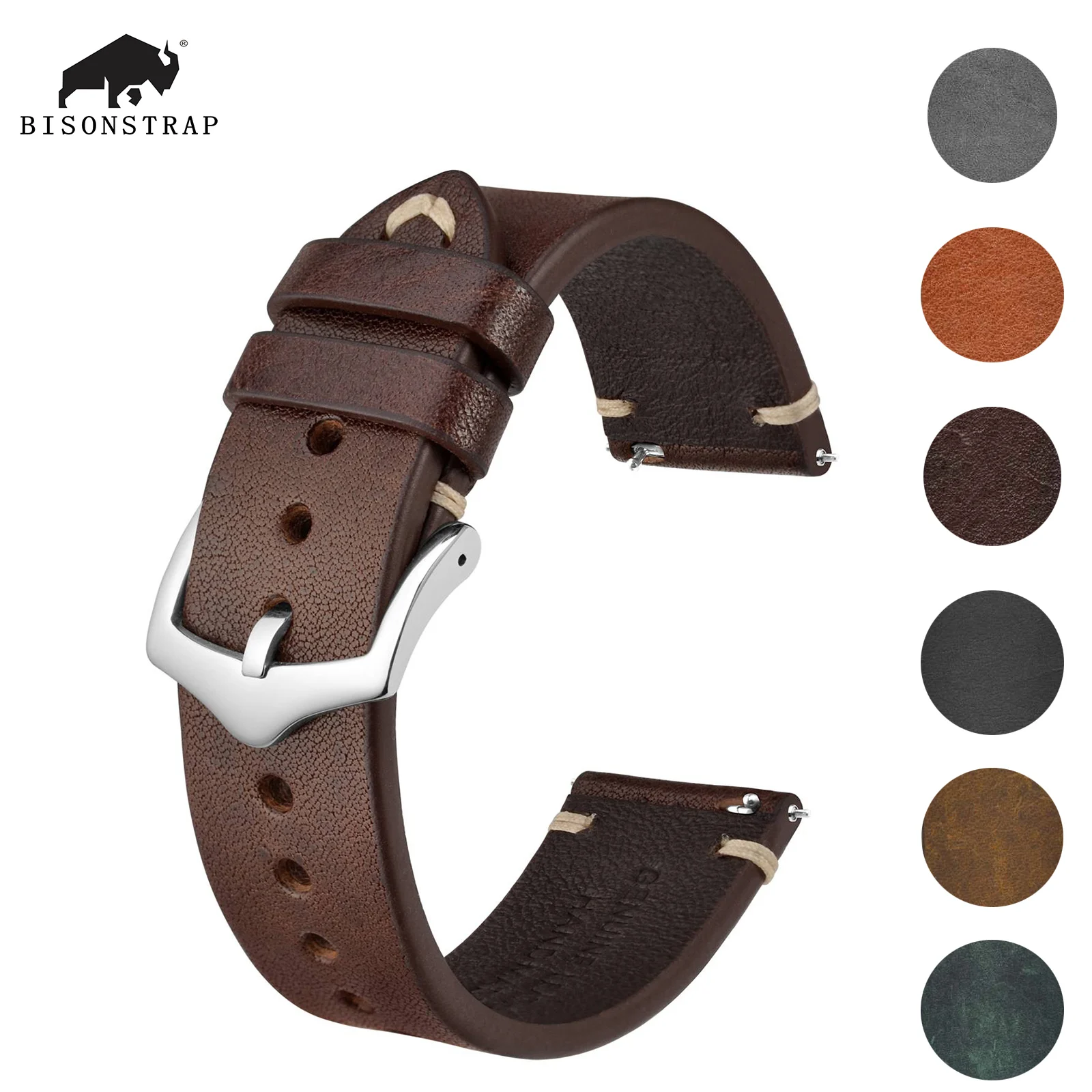 BISONSTRAP Crazy Horse Leather Watch Bands - Black, Green, Brown - 18mm, 20mm, 22mm