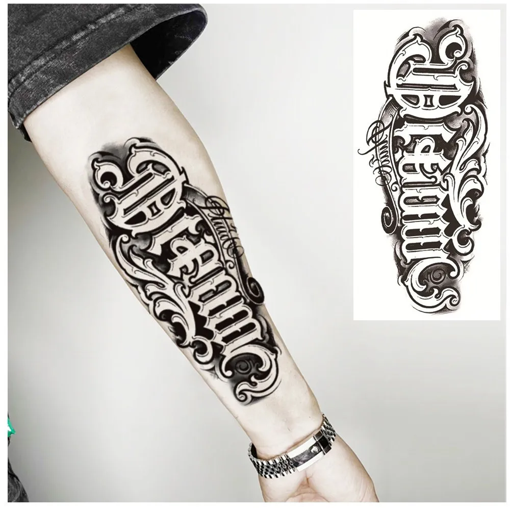 Large Size Black Sketch Letters Temporary Tattoos English Word Lines Tattoo  Stickers Waterproof Arms Sleeve Tattoo For Men Women - AliExpress, image size:1000x1000