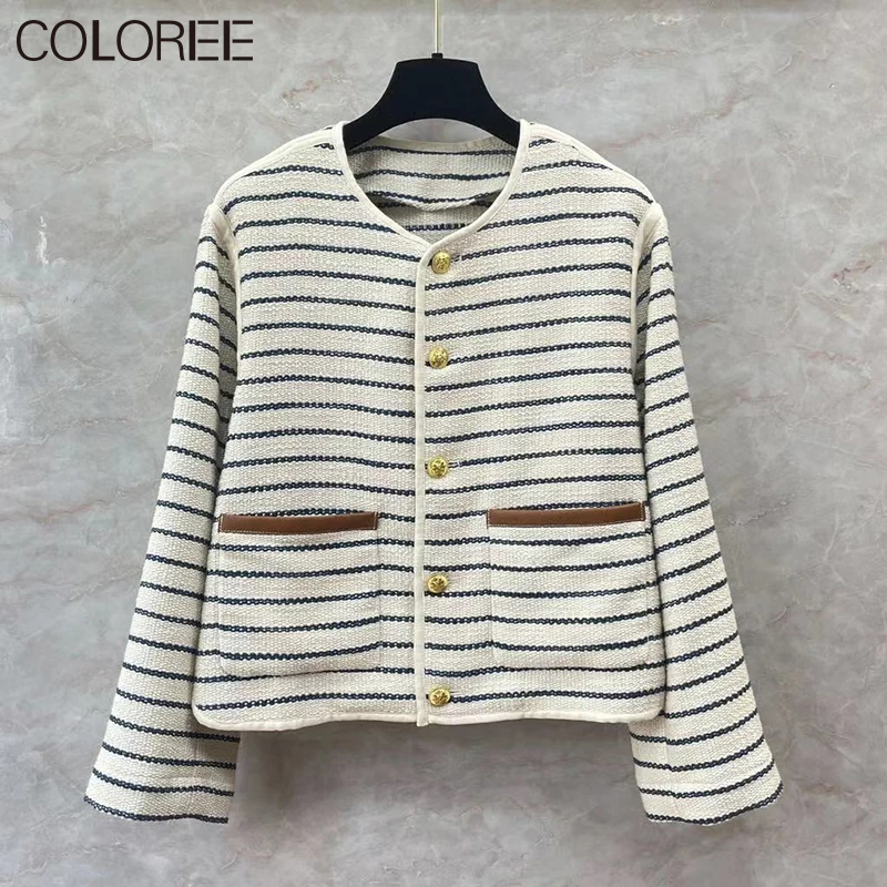 

Korean Fashion Striped Winter Jackets for Women 2023 Luxury Designer Elegant O-neck Pockets Wool Coats High Quality Abrigo Mujer