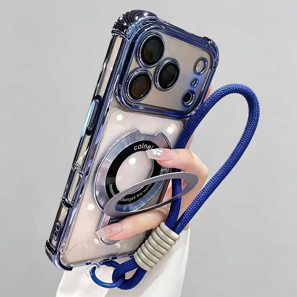 Transparent Magnetic Bracket Case with Wrist Strap and Shockproof Design