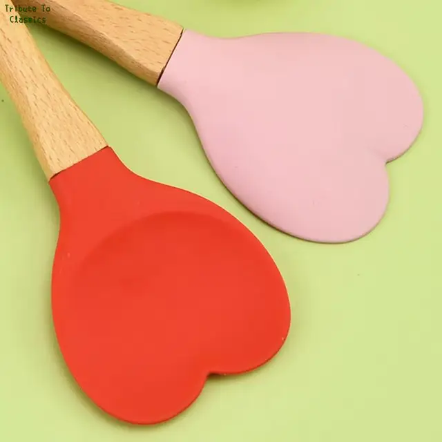 Sorrowso Heart-shaped Wood Handle Silicone Spoon Household Kitchen Cooking  Spoons 