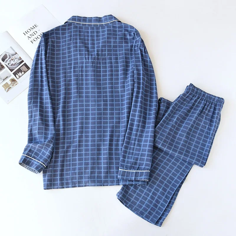 New spring and autumn men's 100% viscose pajamas long-sleeved trousers summer thin cotton plaid home service two-piece suit men