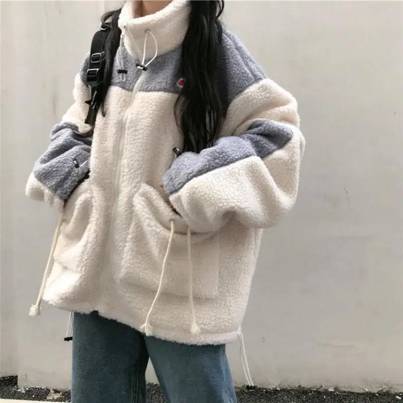 

Lamb Plush Coat Fashion Letter Splice Women's Sweatshirt Winter Korean Loose Thickened New Versatile Plush Hoodies Top