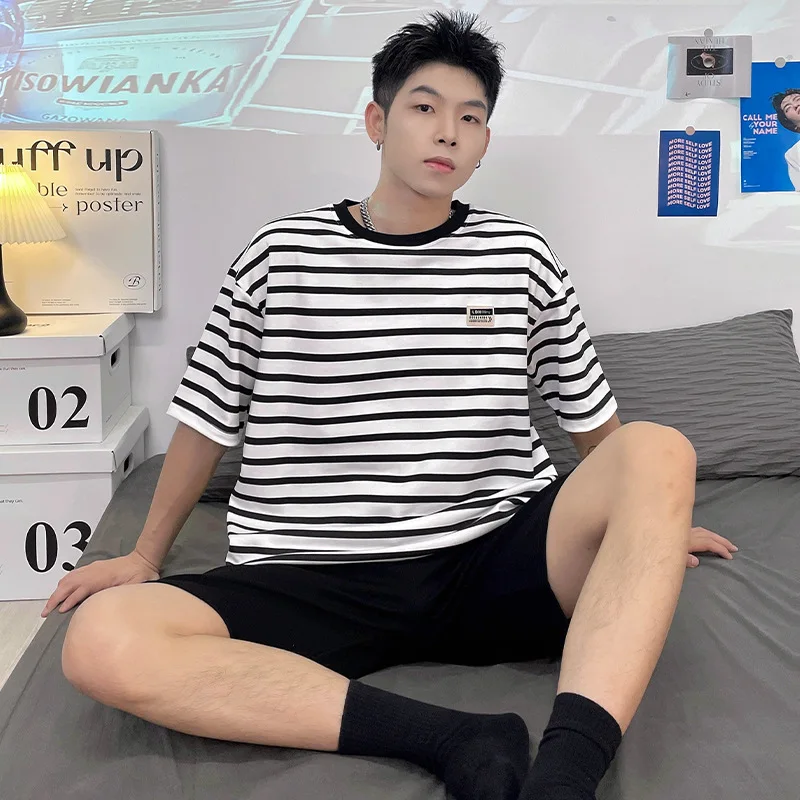 2023 Cotton Men's Short Stripe Sleepwear Summer Thin Pajamas Set Homewear Youth Boy Pijamas Suit 2 Piece Set Pyjamas Freeship