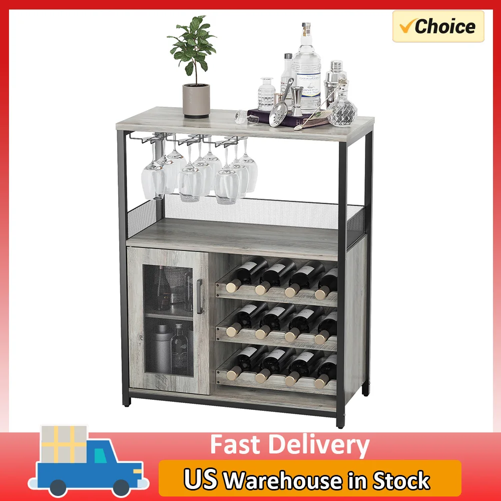 Wine Cabinet with Large Storage Space Detachable Rack Industrial Sideboard and Buffet Cabinet with Glass Holder and Mesh Door