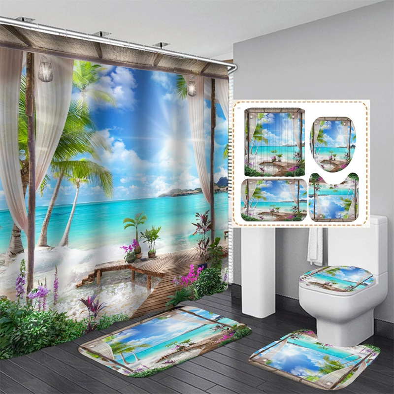 

Coastal Sunny Beach Scenery Shower Curtain Set Pedestal Rug Toilet Lid Cover Carpet Bath Mat Sets Bathroom Decor with 12 Hooks