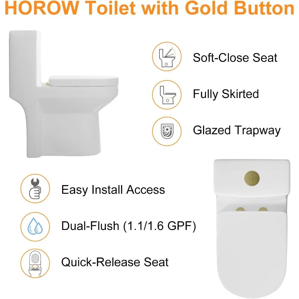 Small Compact One Piece  For Bathroom, Powerful & Quiet Dual Flush Modern Toilet, 12'' Rough-In Toilet&Soft Closing Seat Include 3