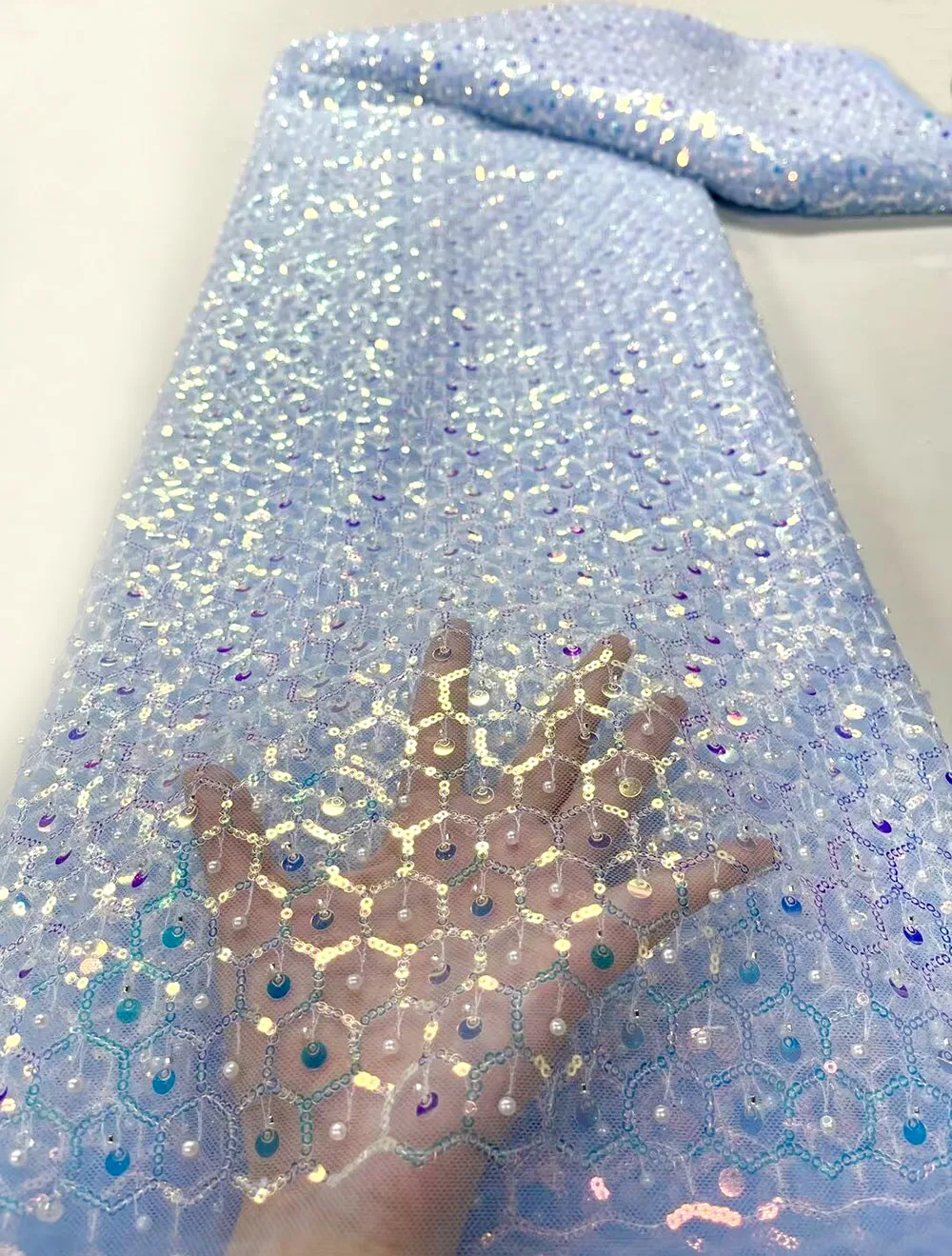 

Sequins beades Lace Fabrics 2023 Nigerian Net Mesh Lace Fabric High Quality African French Sequence Lace Fabric For PartyDress