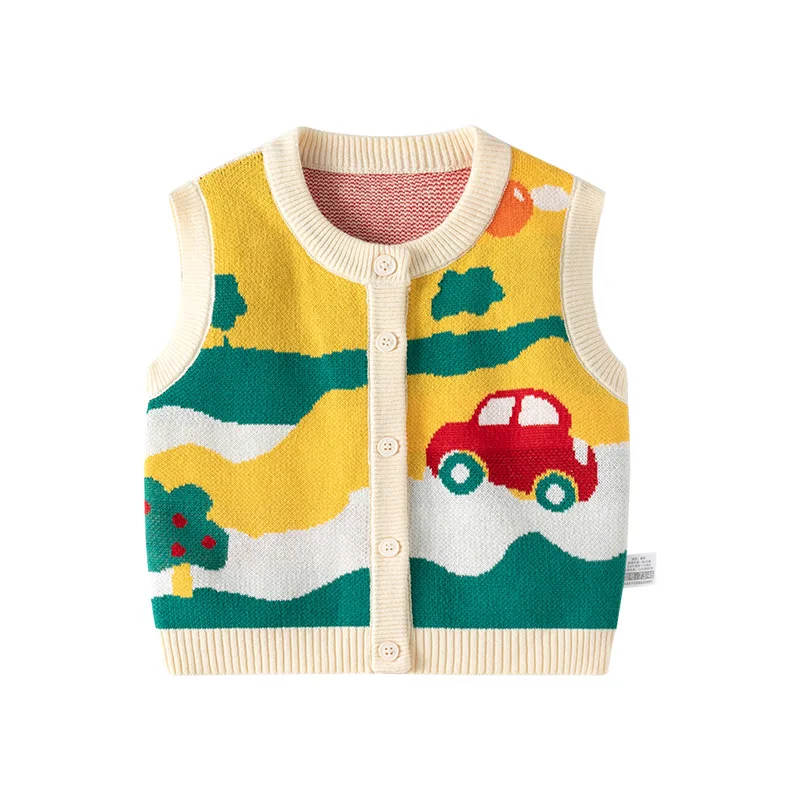 Spring Autumn Toddler Boys Knitwear Pit Striped Cartoon Car Baby Boys Sweater Woven Cotton Pastoral Style Little Waistwear