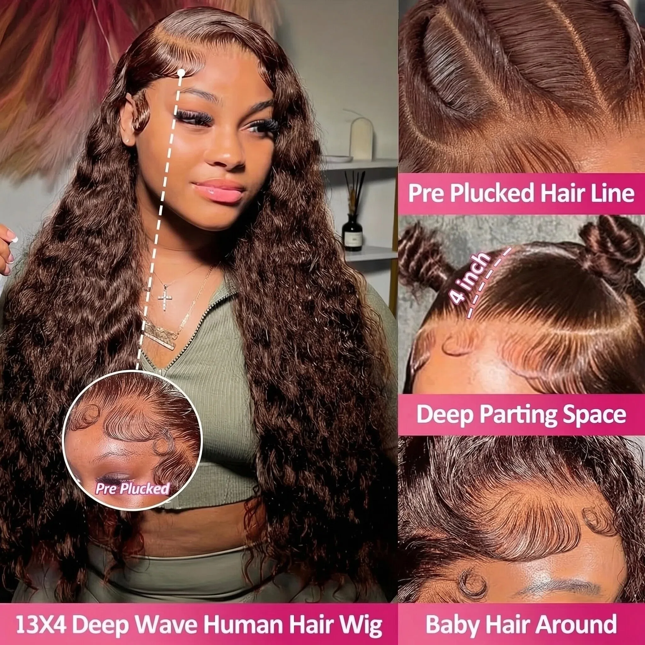 Chocolate Brown Deep Wave Human Hair Wig 13x4 HD Lace Glueless Lace Front Wigs Human Hair On Clearance Sale Curly Human Hair Wig 4