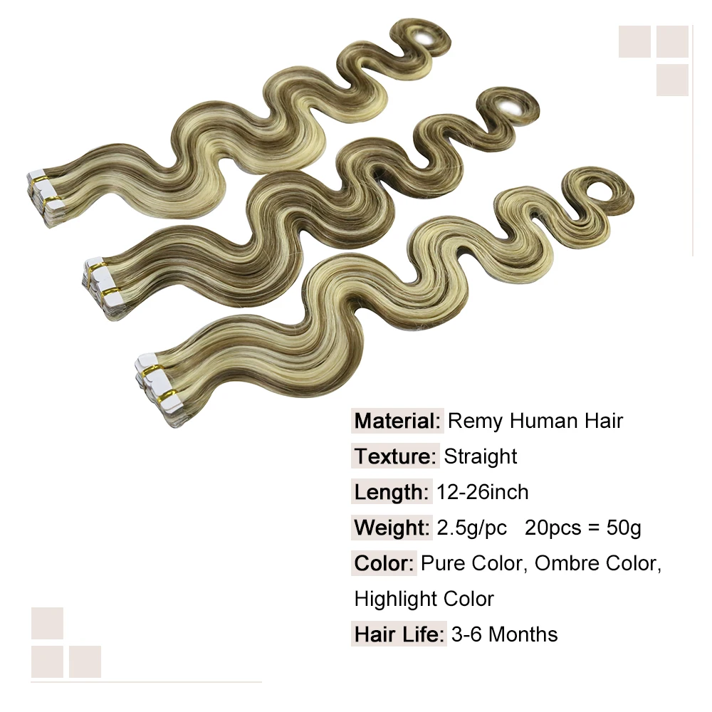 Addbeauty Tape in Hair Extension Human Hair Body Wave Tapes in Human Extension 20pcs/set Natural Blonde 613#