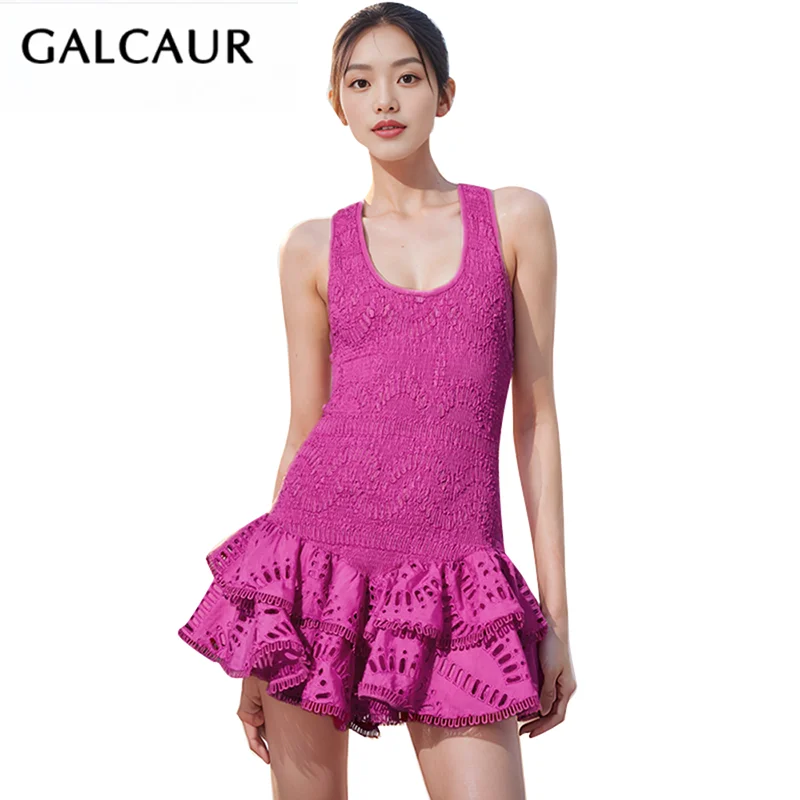 

GALCAUR Embroidery Spliced Ruffled Dress For Women Square Collar High Waist Hollow Out Slimming Solid Camisole Dresses Female