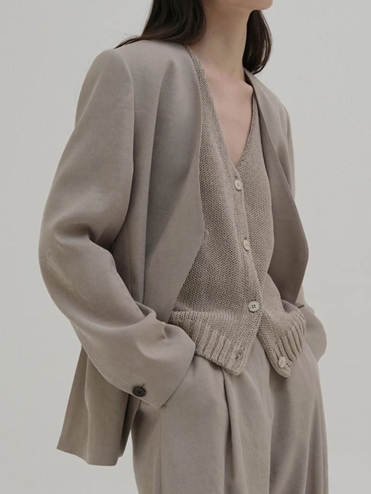 [LANMREM] Minimalism V Neck Blazers For Women Long Sleeve Office Lady Loose Solid Jackets Fashion 2024 Spring New 26D8925