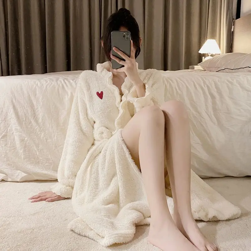 Heart Robe for Women Belt Sleepwear Nightdress Winter Night Wears Pajama Nightgown Long Sleeve Warm Fleece Homewear Japanese New