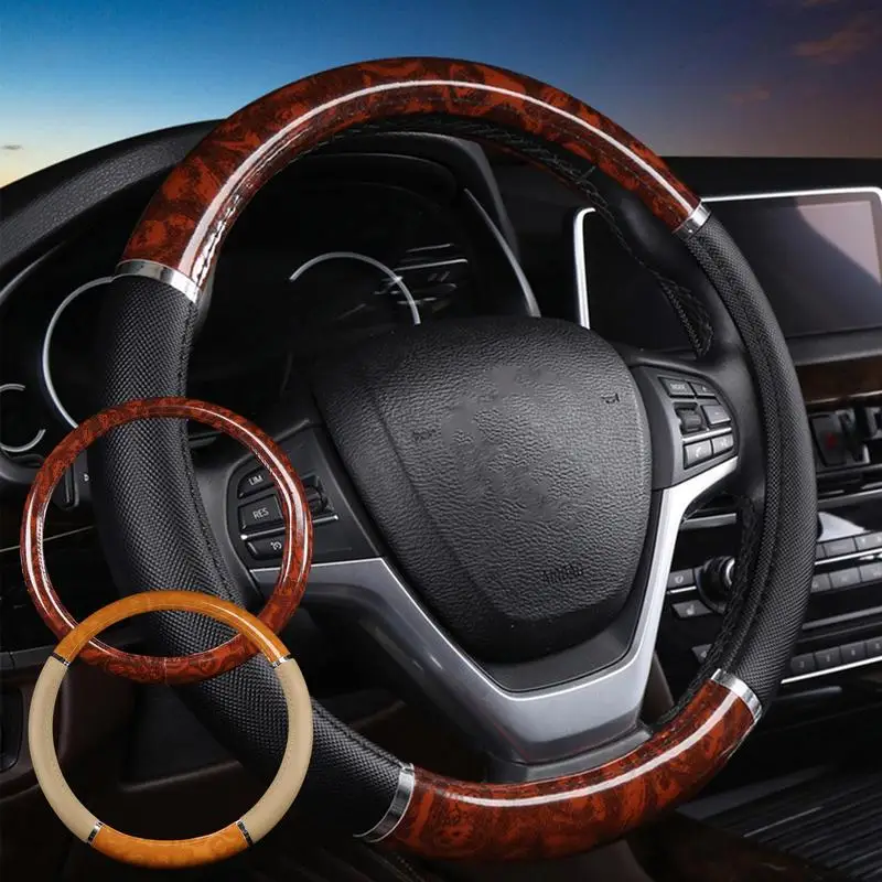 

Car Steering Wheel Cover Universal Wood Grain Artificial Leather Steering Wheel Cover With Anti-Slip Lining Car Accessories