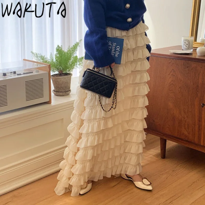 

WAKUTA Chic Layered-ruffle Cake Skirts Women 2024 Spring New High Waist Skirt Korean Causal A-line Fashion Faldas Mujer 9b371