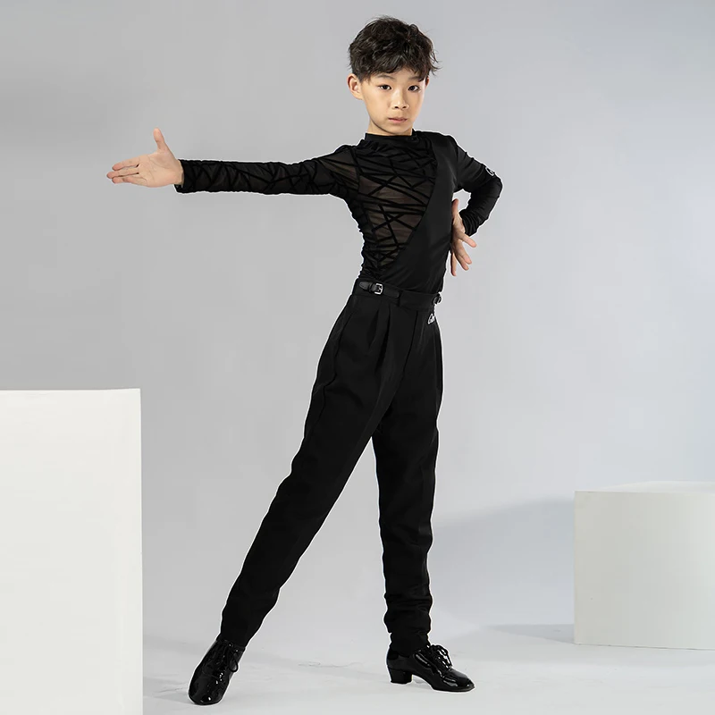 Kids Boy Latin Dance Costumes Children Long Sleeve High-Neck Tops Ballroom Cha Cha Dance Training Clothes Black Shirt XH1831 dance shirts
