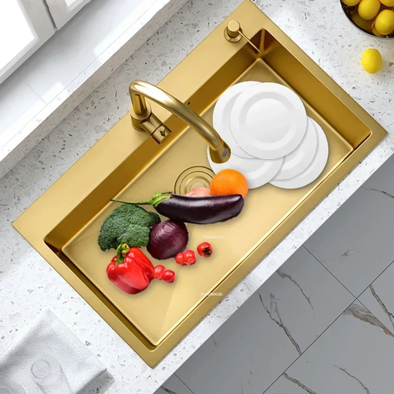 Nordic Gold Stainless Steel Kitchen Sinks Home Handmade Single-slot Kitchen Under-counter Basin Light Luxury Accessories