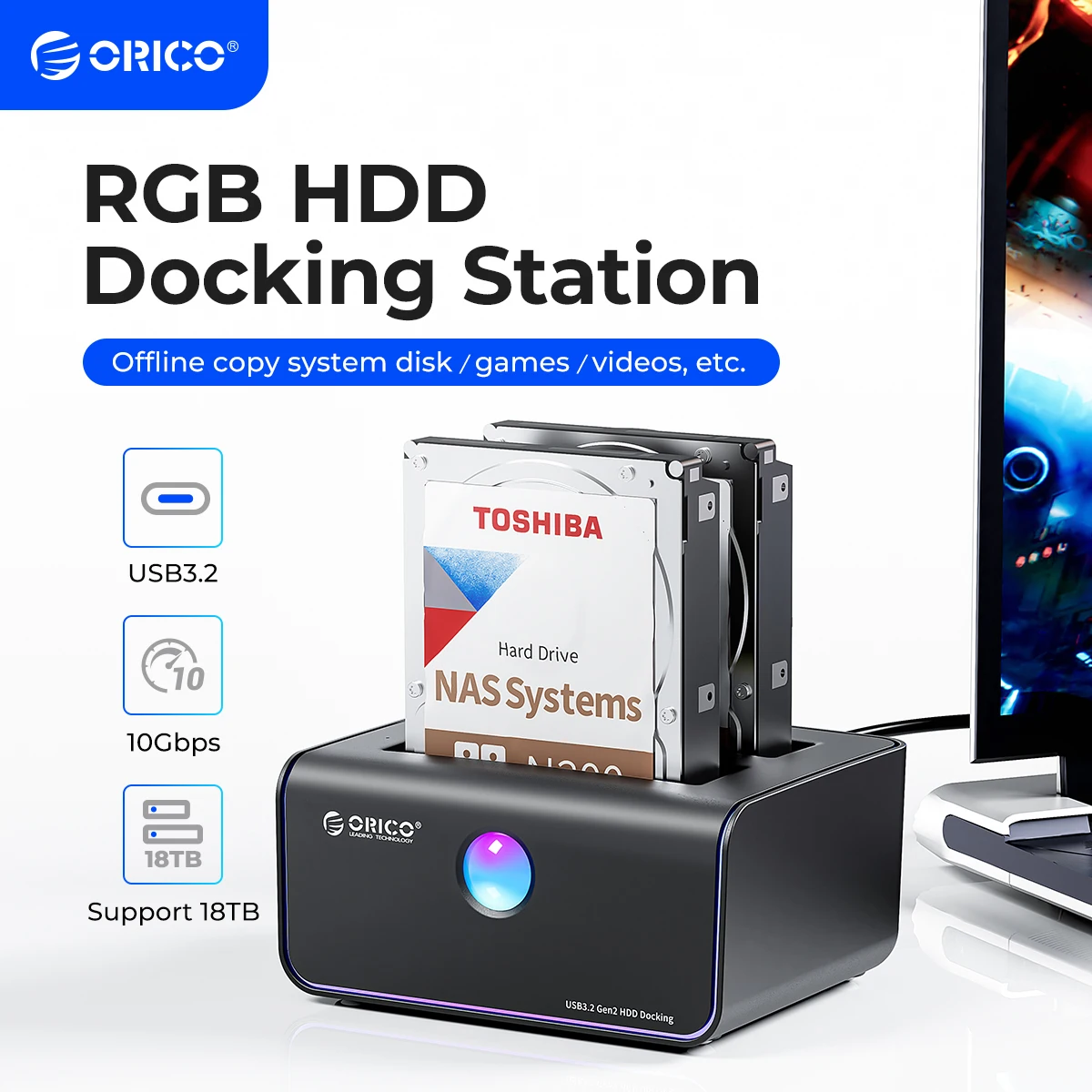 Orico-estação de Ancoragem do Disco Rígido 2-bay Tipo-c 10gbps Luz Rgb Entusiasta do Jogo com Clone Auto-dormir Offline Caixa do Disco Rígido