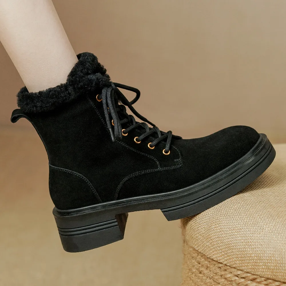

Women's natural suede leather thick wol platform flats winter snow boots lace-up side zip casual female high quality short boots