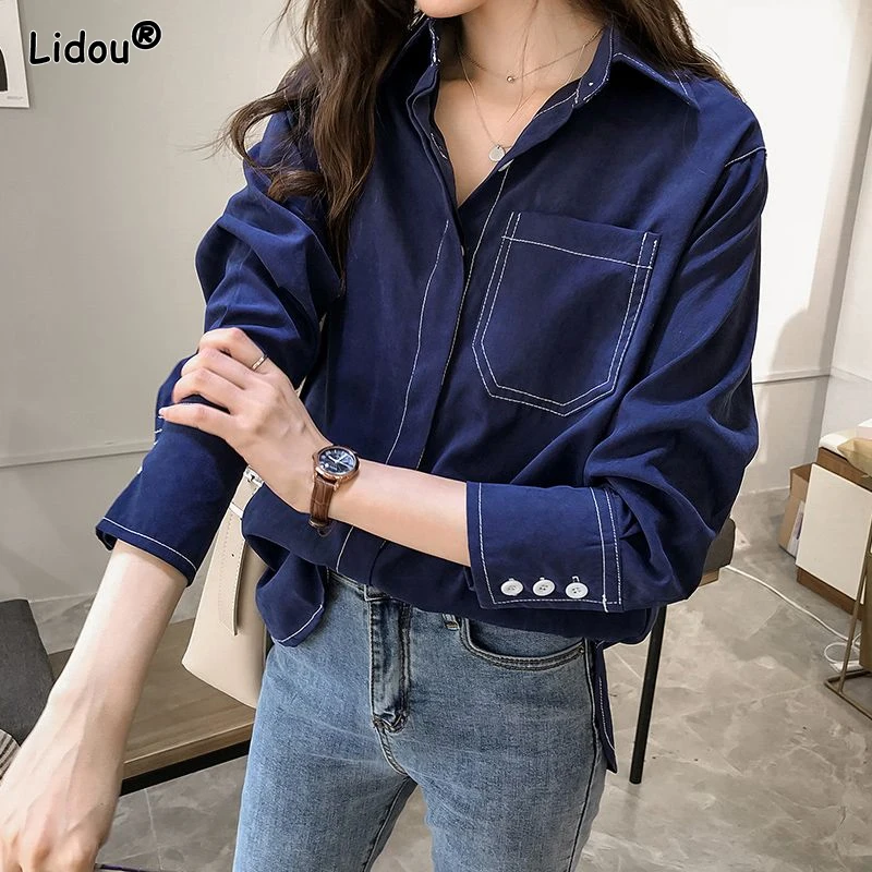 Street Casual Fashion Solid Patchwork Blouses Women's Clothing Spring Summer Thin Office Lady Turn-down Collar Pockets Button