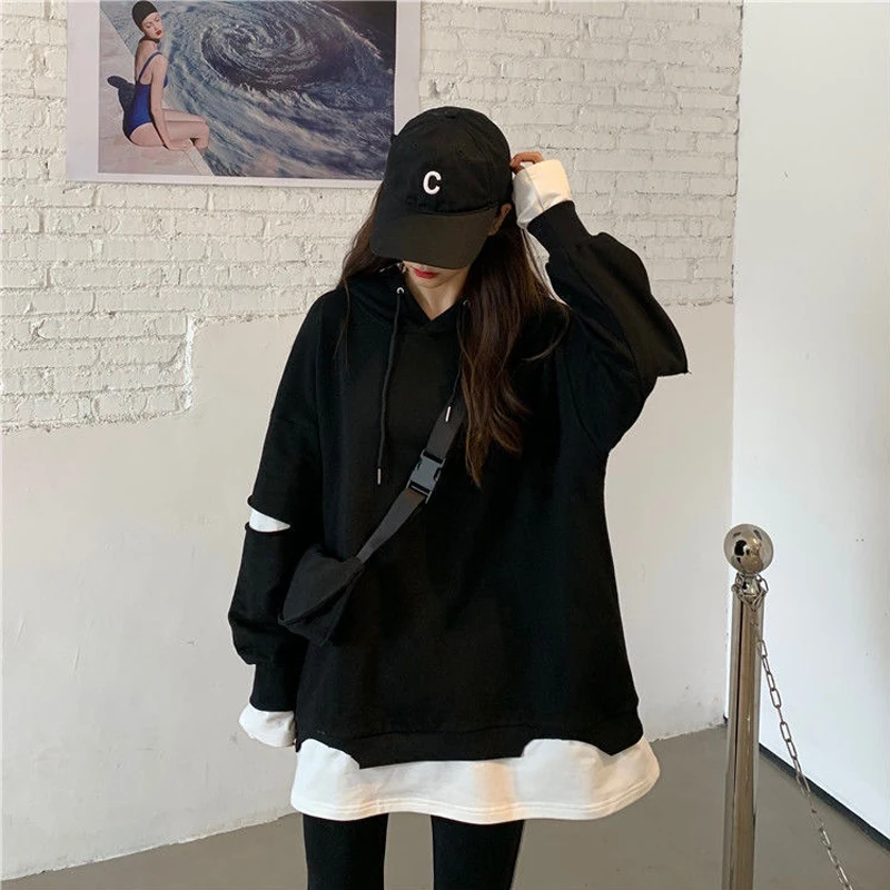 GETADME Women Clothing Fashion Casual Long Sleeve Hoodies Spring Autumn Loose Lazy Style Top Tee Office Lady Button Patchwork Pullover