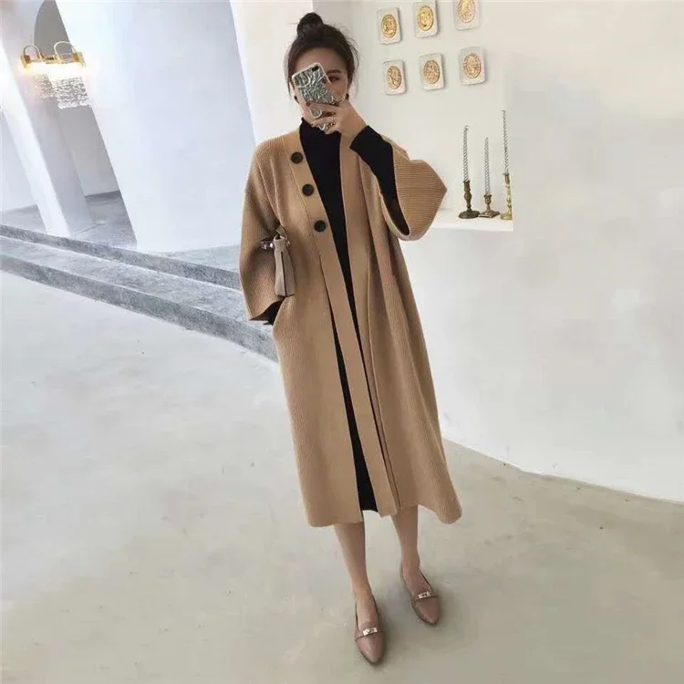 New 2024 Autumn Winter Women Sweaters Knitting Warm Korean Style Elegant Cardigan Casual Long Coat Outerwear Ladies Black Khaki