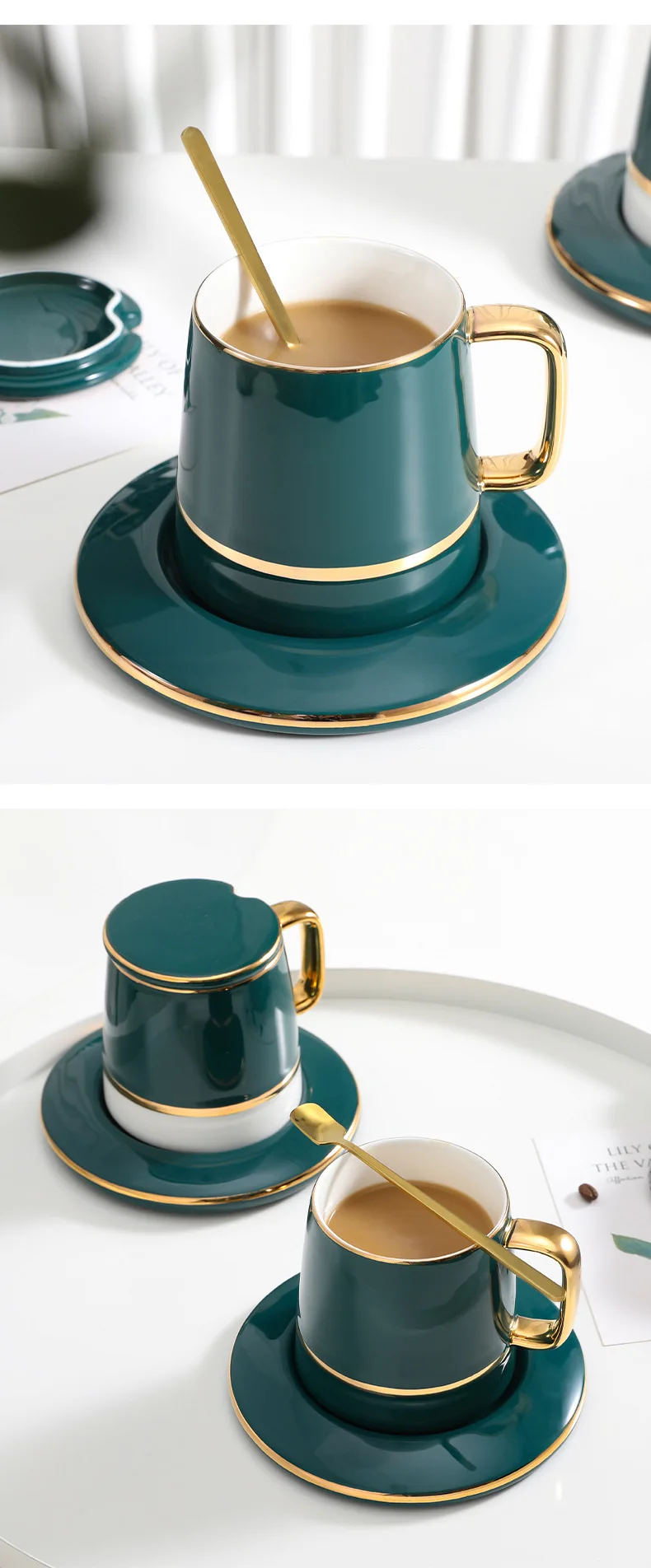 Luxury Gold Inlay Ceramic Coffee Cup And Saucer Coffee Cup Set Holder Green  Color Milk Tea Cup Latte Cappuccino Cup Drinkware - Coffee Cups - AliExpress