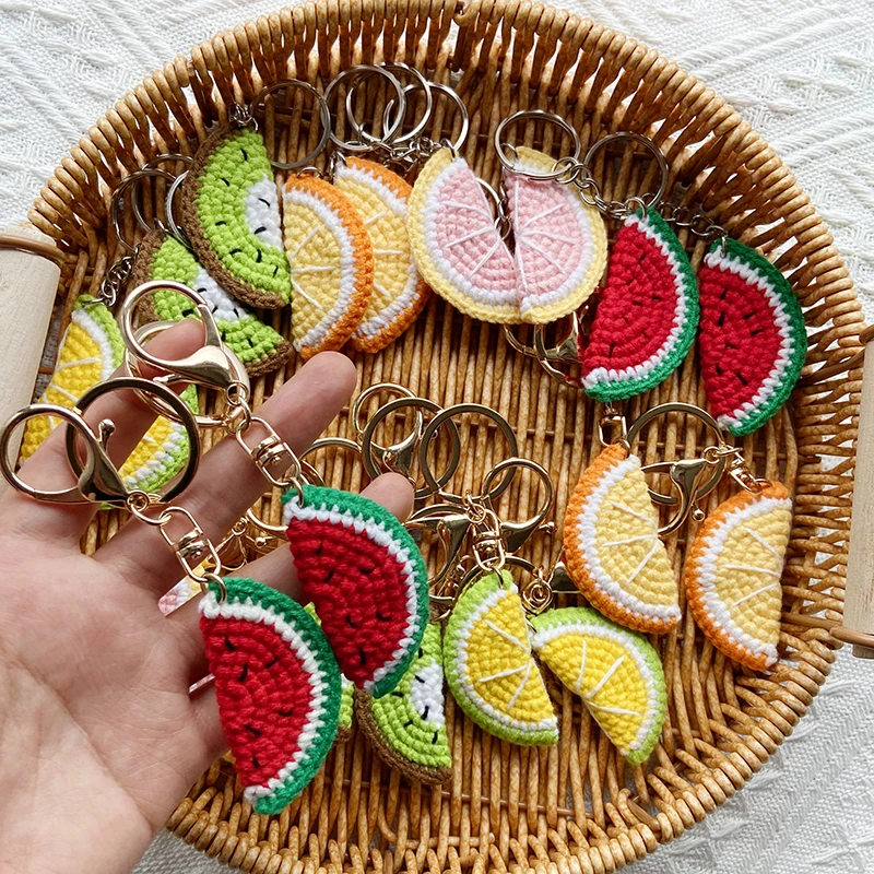 15PCS Cute Knitting Fruit Keychain Creative Knitted Watermelon Lemon Car Keys Weaved Keyrings Bag Accessories