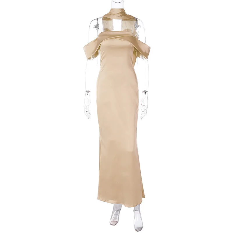 Elegante vestido largo sin espalda para mujer, ajustado, a la moda, con hombros descubiertos, vestido de fiesta de noche con cremallera, vestido de fiesta liso 2025
