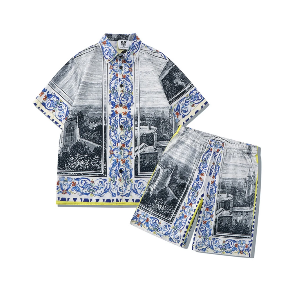 Casual Loose Shorts Short-sleeved Shirt Suit Men's Baroque Personality Digital Printing Landscape Street Retro Two-piece Suit