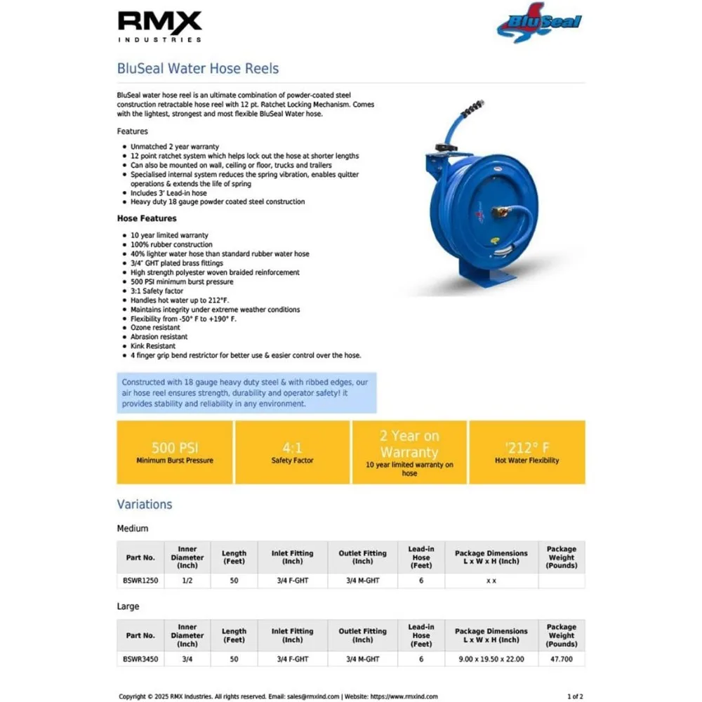 BLUSEAL BSWR5850 Retractable Hose Reel with Hot Water Rubber Hose, Lead-in, 500 PSI, Brass Fittings 6