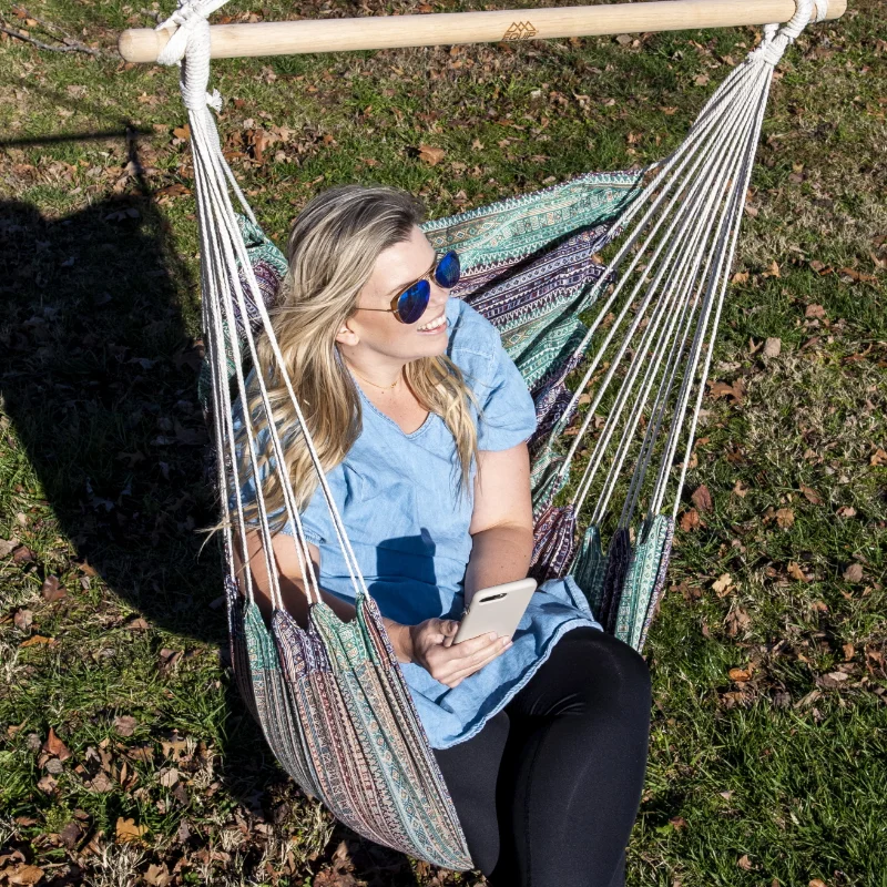 Equip Jacquard Swing One Person Hammock Chair, Cotton Polyester Blend Blue Culture Collab Pattern garden swings 4