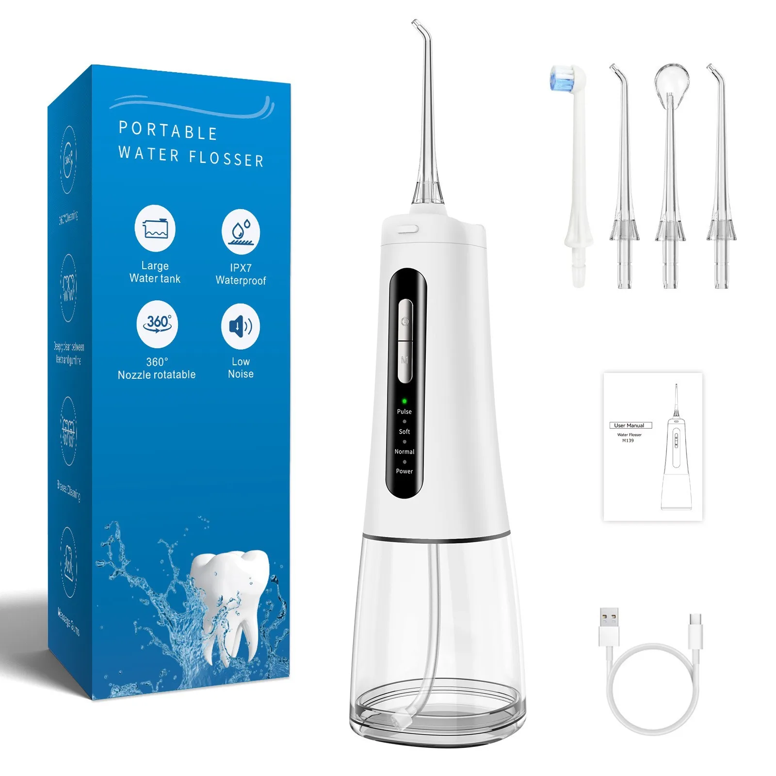 

300ML Oral Irrigator USB Rechargeable Water Flosser 4 Modes Portable Dental Water Jet Tank Waterproof IPX7 Teeth Cleaner 4 Tips