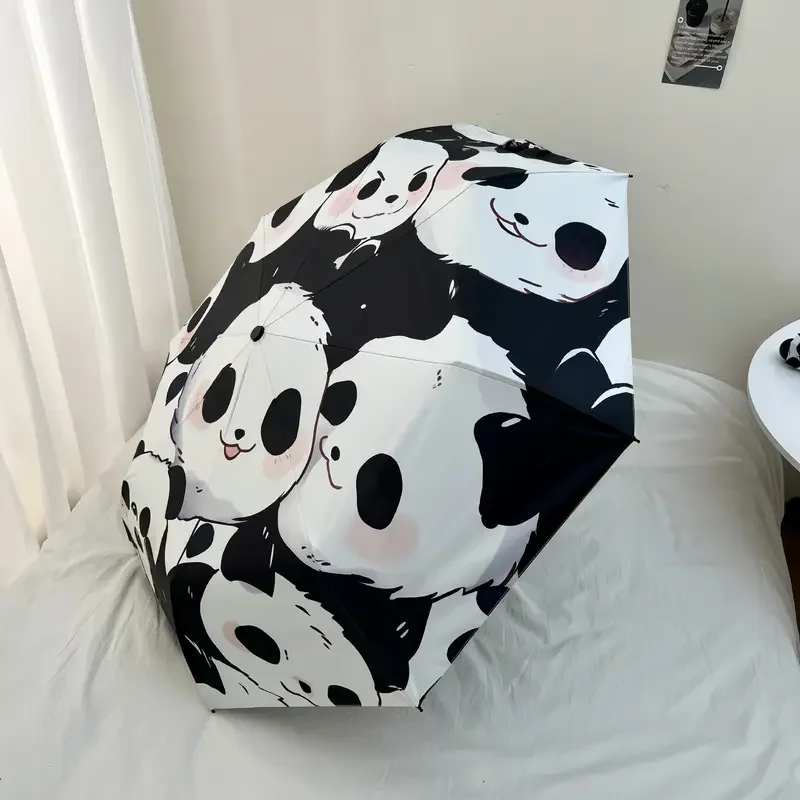 Three fold cute cartoon panda portable folding umbrella women's vinyl sunscreen sun umbrella dual-use umbrella for rain and sun