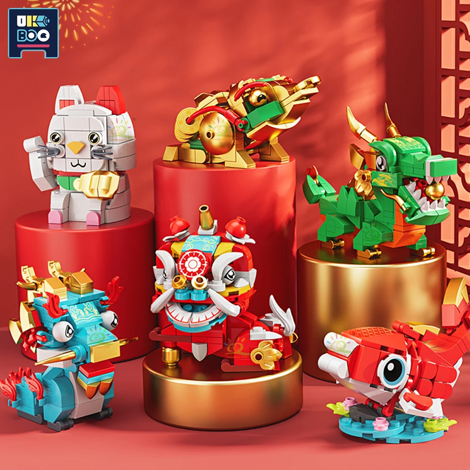 

UKBOO, китайский Весенний фестиваль, мифические звери, модель, микро, строительные блоки, Кайлин, дракон, танцующий Лев, мини-кирпичи, игрушки для детей