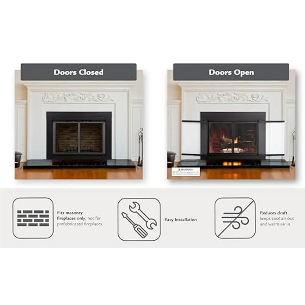 Fireplace Glass Door Clear Black Cabinet Standard Mesh Small 30-37" x 22.5-29.5" with 5" Handles and Alloy Steel Material Alpine 3