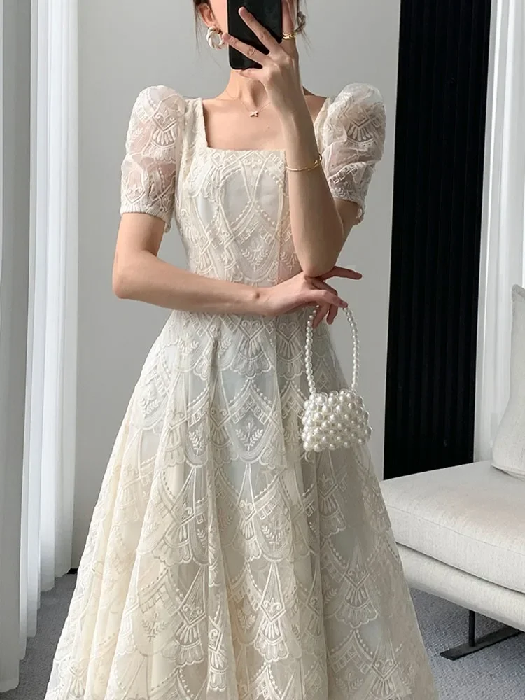 Sweet Elegant Solid Lace Square Collar Princess Dresses(3 Colors)