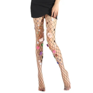 Women Sequins Flower Mesh Tights Sexy Fishnet Pantyhose for Rhinestone Stockings