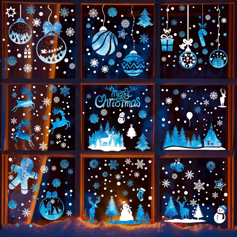 Blue Snowflake Christmas Window Stickers Santa Claus Snowman Elk Gingerbread Man Static Mirror Sticker Happy New Year 2026 Decor