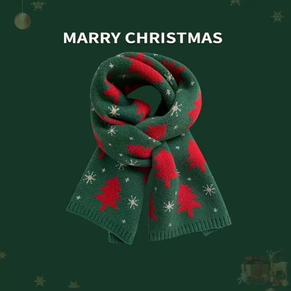 Christmas Tree Elk Red Knitted Scarf Women's Match Scarf Christmas Gift Autumn and Winter Warm Neck  Green Woolen Scarf
