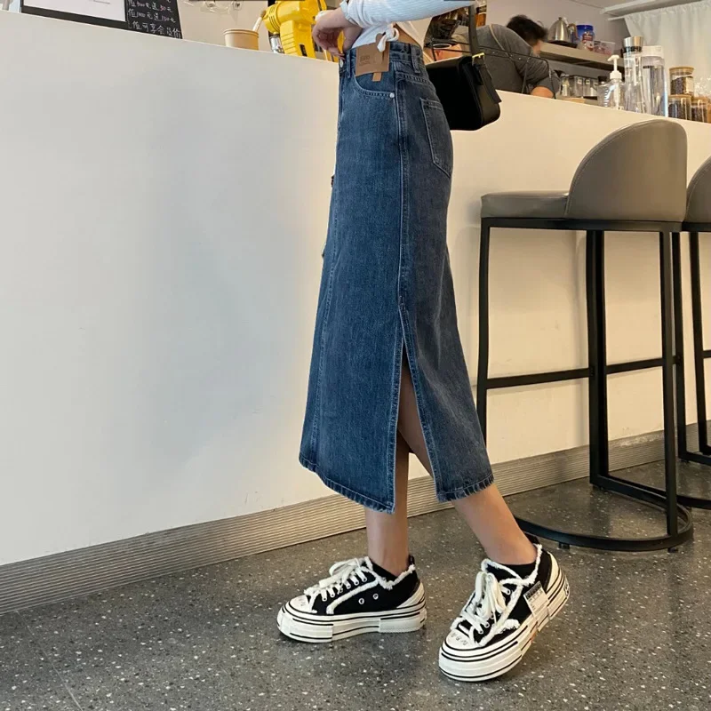 High Waisted Side Split Denim Bustier Dress Female Mid Length with Pockets Even Blue A Line Skirt for Women