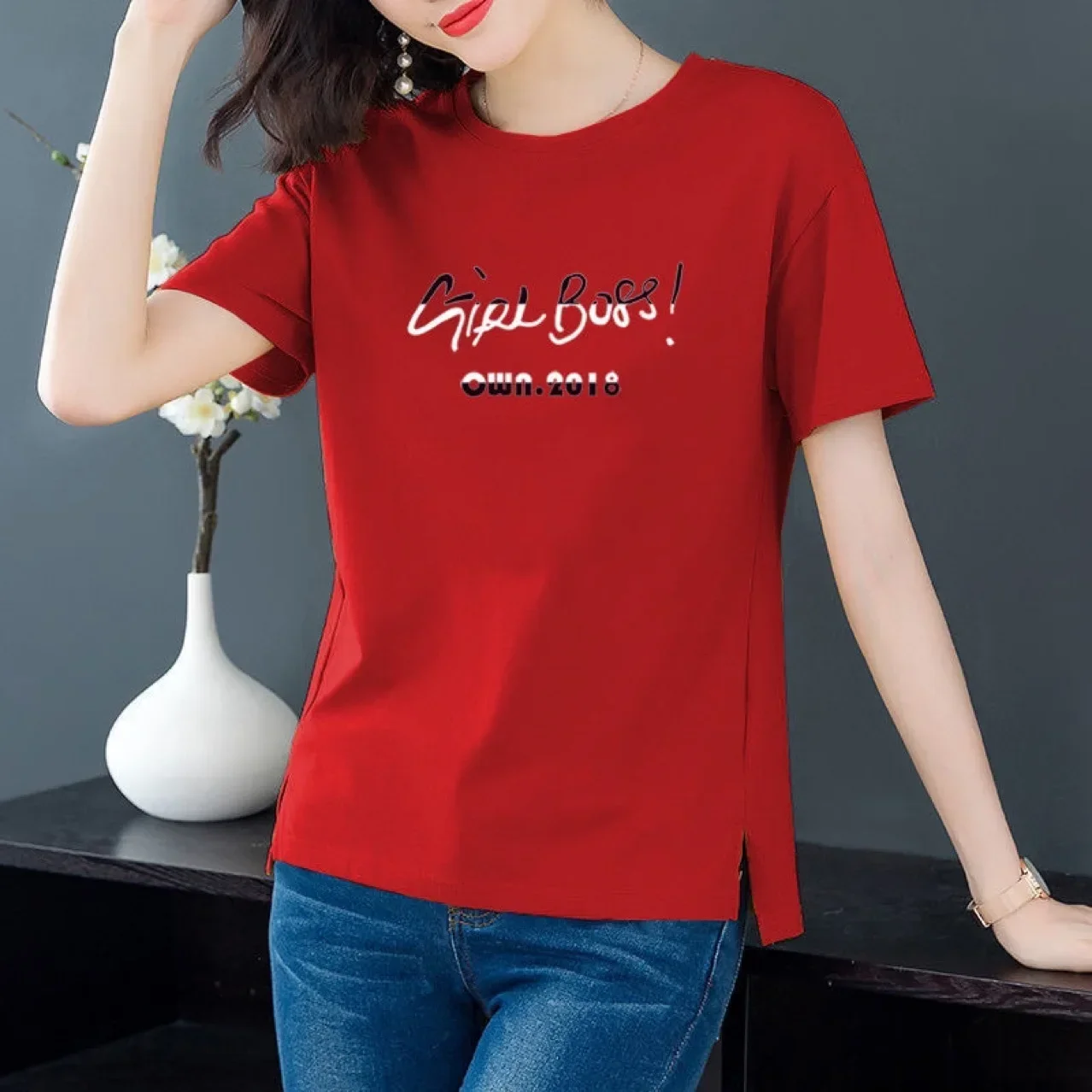 

Cotton short-sleeved T-shirt women's summer clothes with a large size gray22