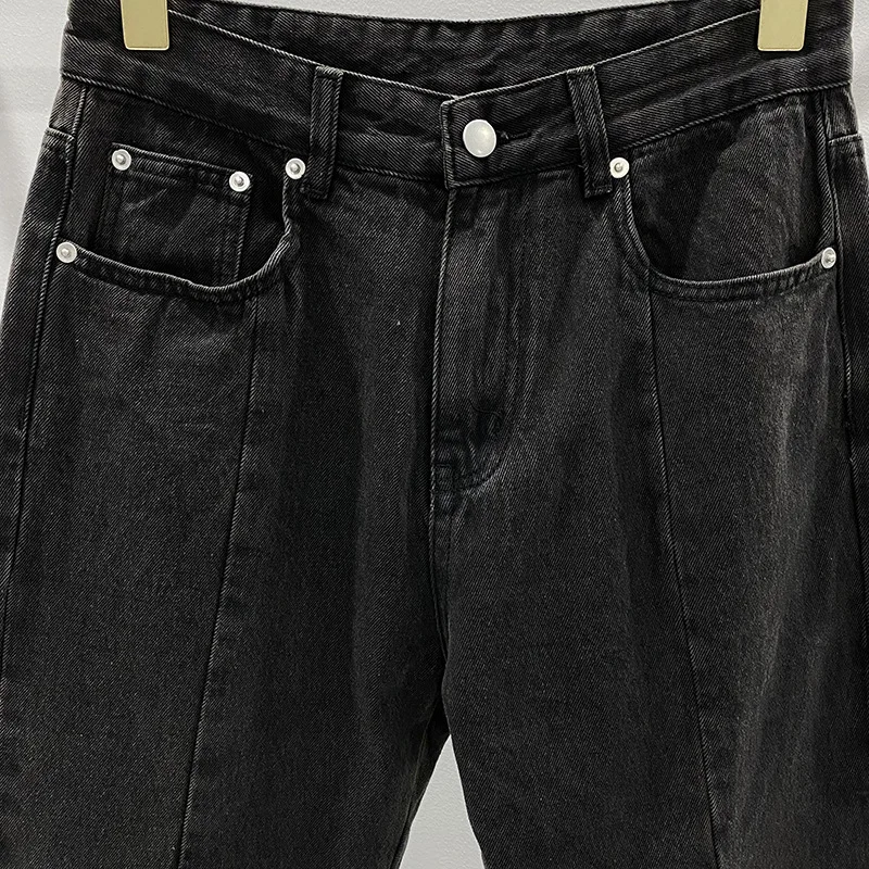 High Street Men's Jeans Black Solid Pants for Men Zipper Fly Denim Full Length Owens Men's Clothing Washing Pants