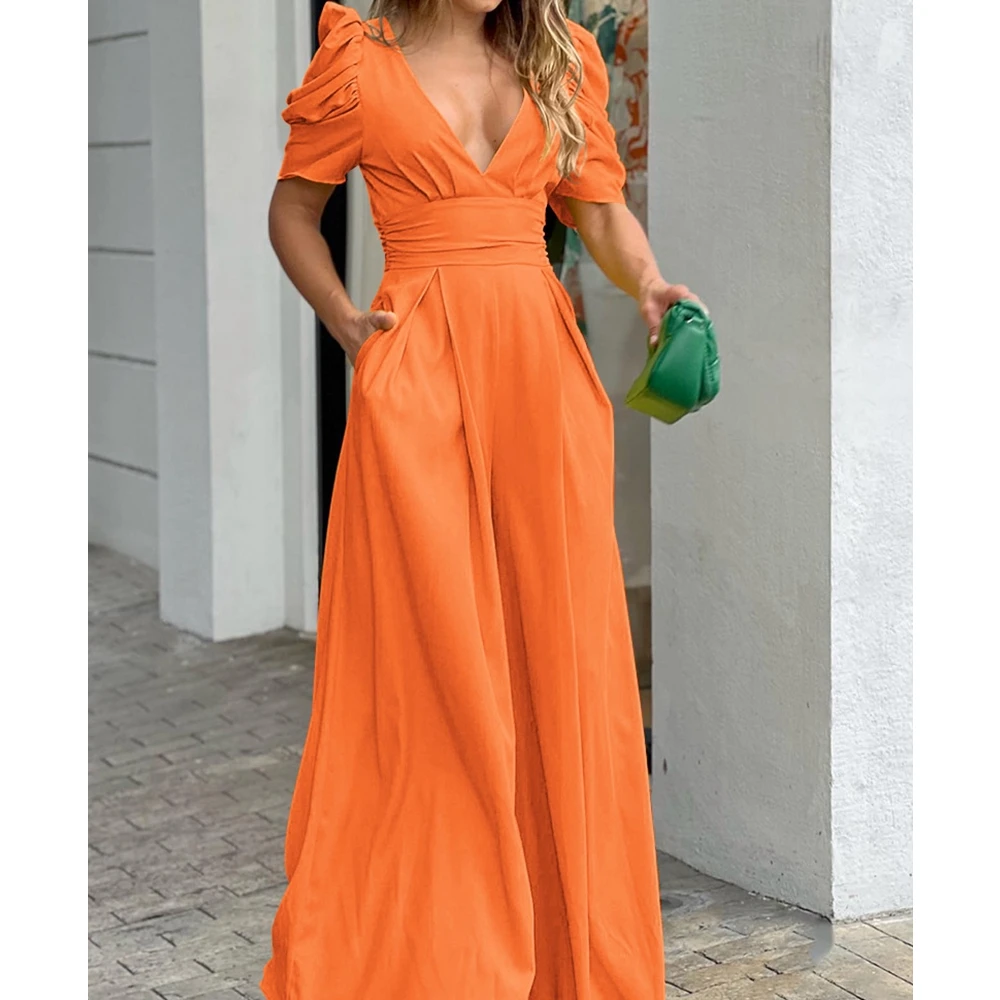 

Wepbel Puff Sleeve Plunge Wide Leg Jumpsuit Women Summer Waist-Tight V-neck Fashion Casual Jumpsuits Rompers High Waist Pants